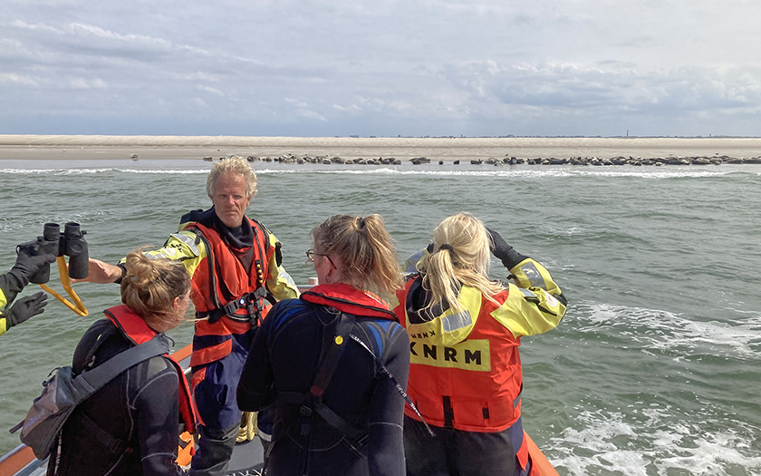 Mensen in kleding KNRM kijken vanaf een boot naar zeehonden op de zandplaat.